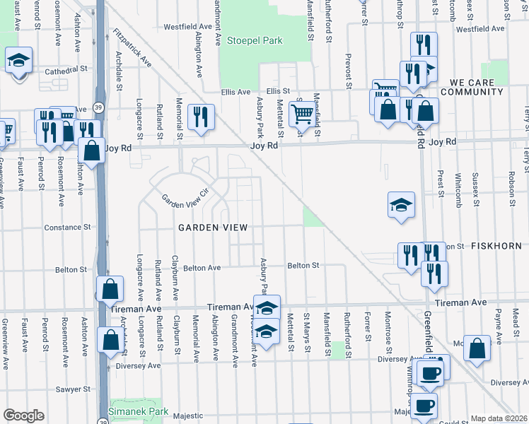 map of restaurants, bars, coffee shops, grocery stores, and more near 8480 Asbury Park in Detroit