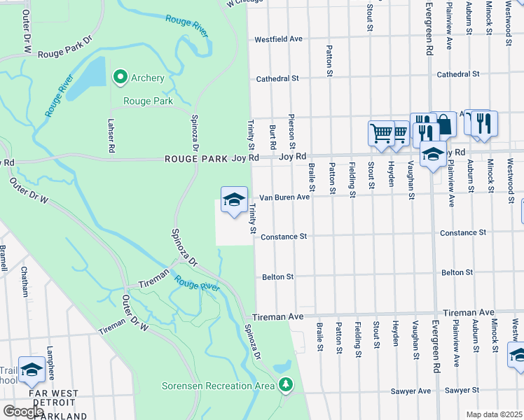 map of restaurants, bars, coffee shops, grocery stores, and more near 8506 Trinity Street in Detroit