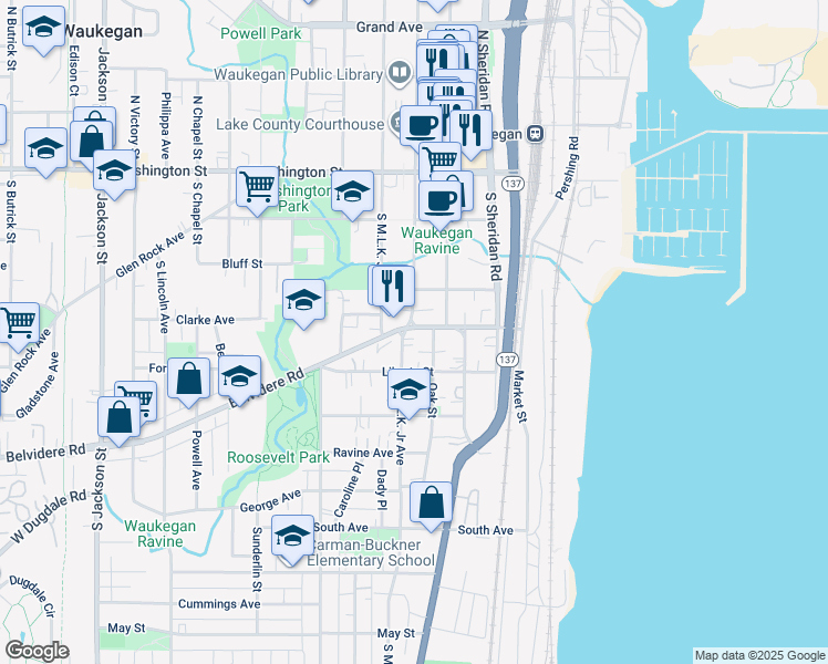 map of restaurants, bars, coffee shops, grocery stores, and more near 219 South County Street in Waukegan