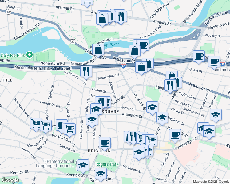 map of restaurants, bars, coffee shops, grocery stores, and more near 37-39 Falkland Street in Boston