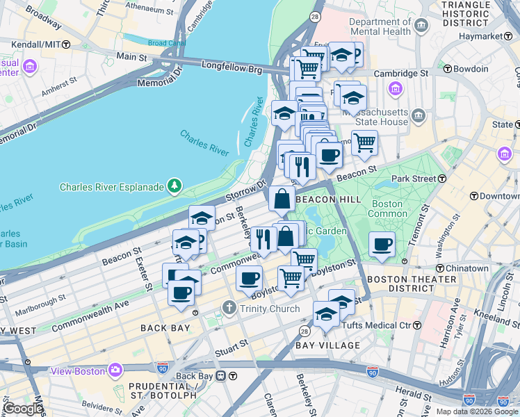 map of restaurants, bars, coffee shops, grocery stores, and more near in Boston