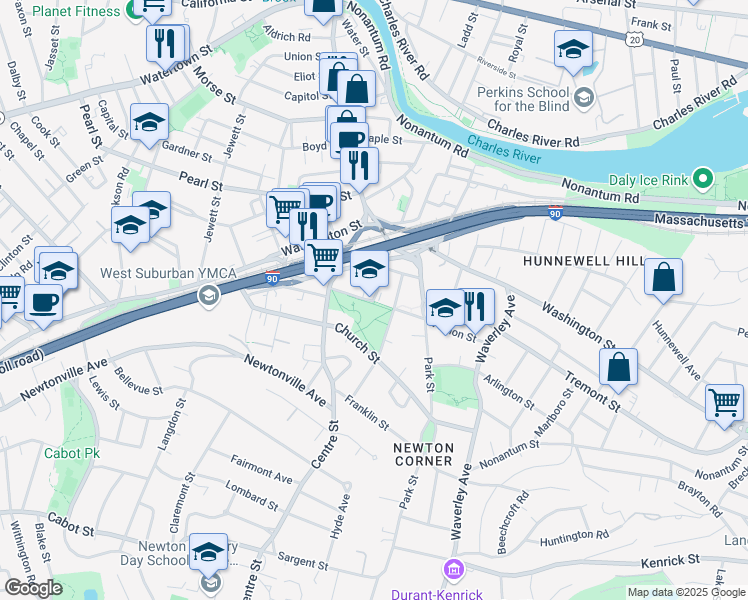 map of restaurants, bars, coffee shops, grocery stores, and more near 8 Baldwin Street in Newton