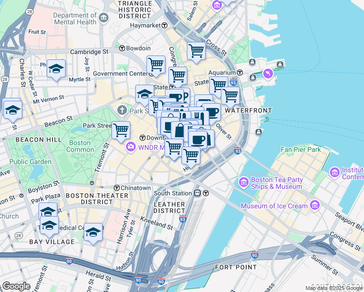 map of restaurants, bars, coffee shops, grocery stores, and more near 75 Federal Street in Boston