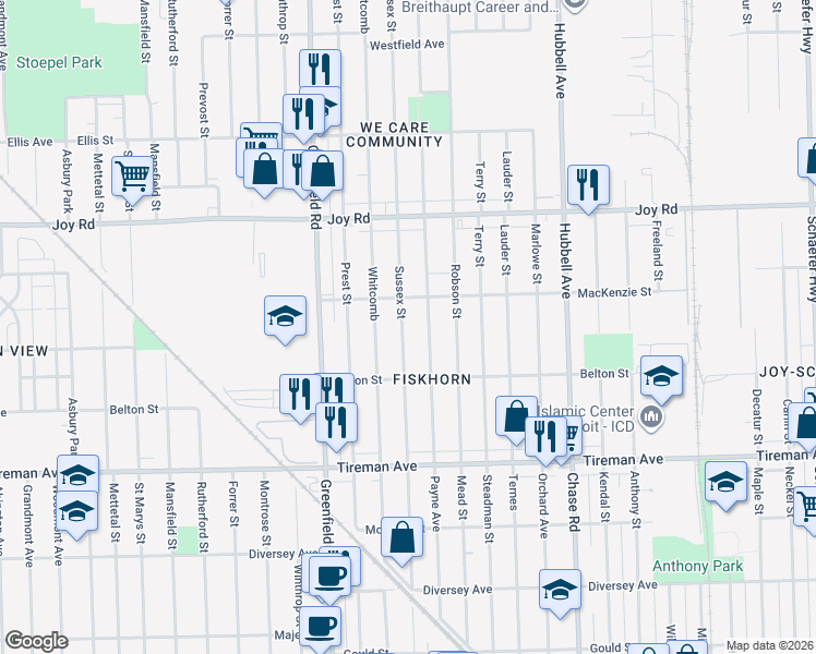 map of restaurants, bars, coffee shops, grocery stores, and more near 8341 Coyle Street in Detroit