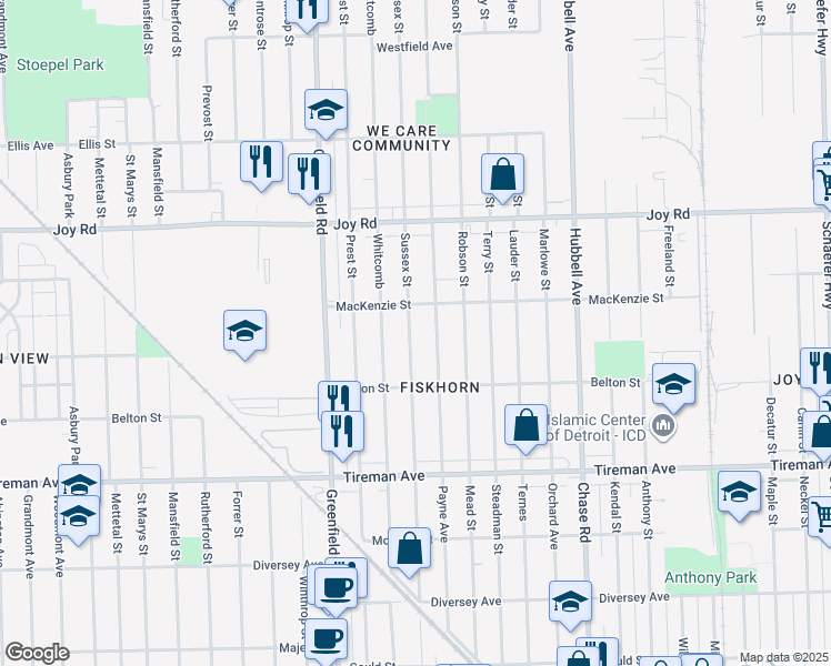 map of restaurants, bars, coffee shops, grocery stores, and more near 8304 Sussex Street in Detroit