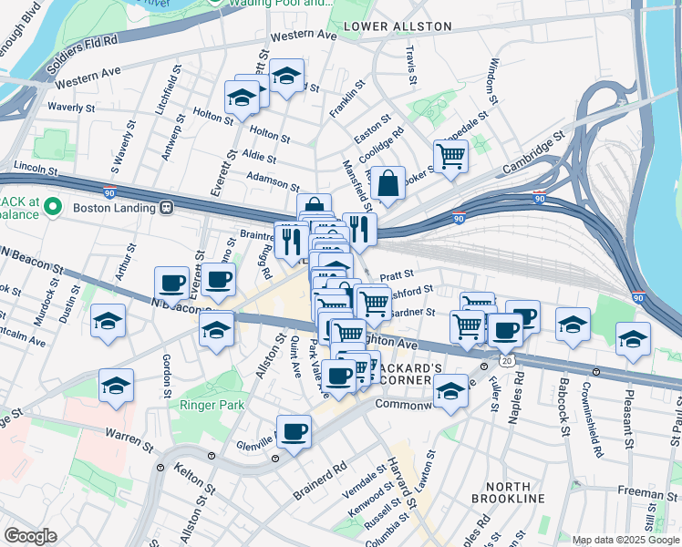 map of restaurants, bars, coffee shops, grocery stores, and more near 16 Highgate Street in Boston