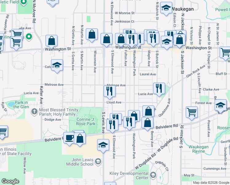 map of restaurants, bars, coffee shops, grocery stores, and more near 1715 Melrose Avenue in Waukegan