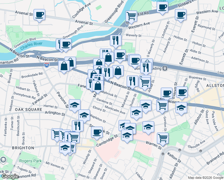 map of restaurants, bars, coffee shops, grocery stores, and more near 18 Glencoe Street in Boston