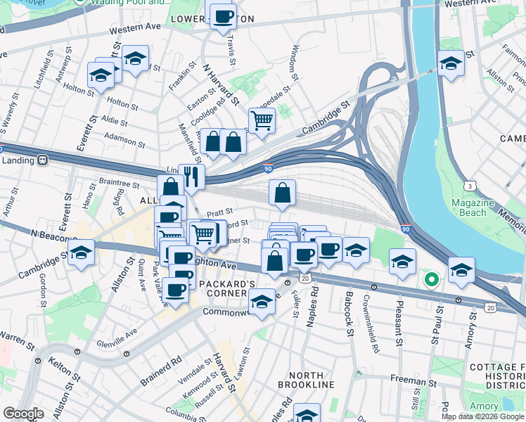 map of restaurants, bars, coffee shops, grocery stores, and more near 4 Wadsworth Street in Boston