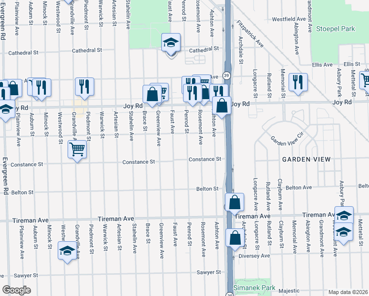 map of restaurants, bars, coffee shops, grocery stores, and more near 8482 Penrod Street in Detroit