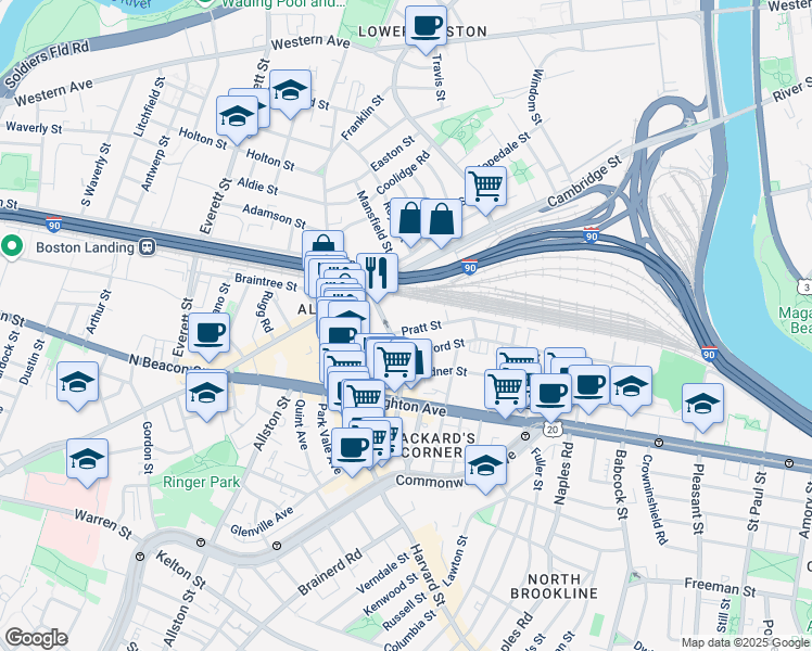 map of restaurants, bars, coffee shops, grocery stores, and more near 22 Pratt Street in Boston