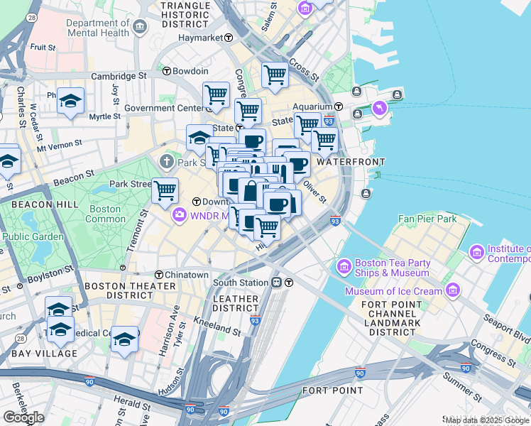 map of restaurants, bars, coffee shops, grocery stores, and more near 100 Federal Street in Boston