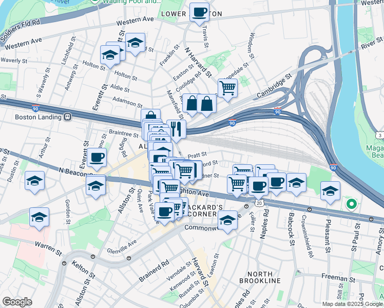 map of restaurants, bars, coffee shops, grocery stores, and more near 22 Pratt Street in Boston