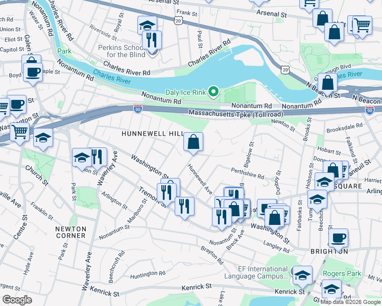 map of restaurants, bars, coffee shops, grocery stores, and more near 66 Burton Street in Boston