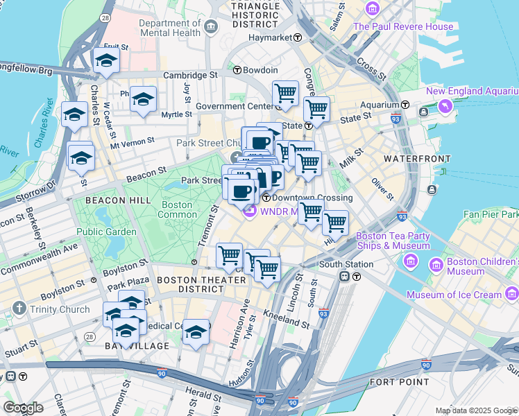 map of restaurants, bars, coffee shops, grocery stores, and more near 450 Washington Street in Boston