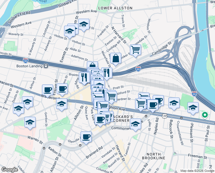 map of restaurants, bars, coffee shops, grocery stores, and more near 16 Highgate Street in Boston