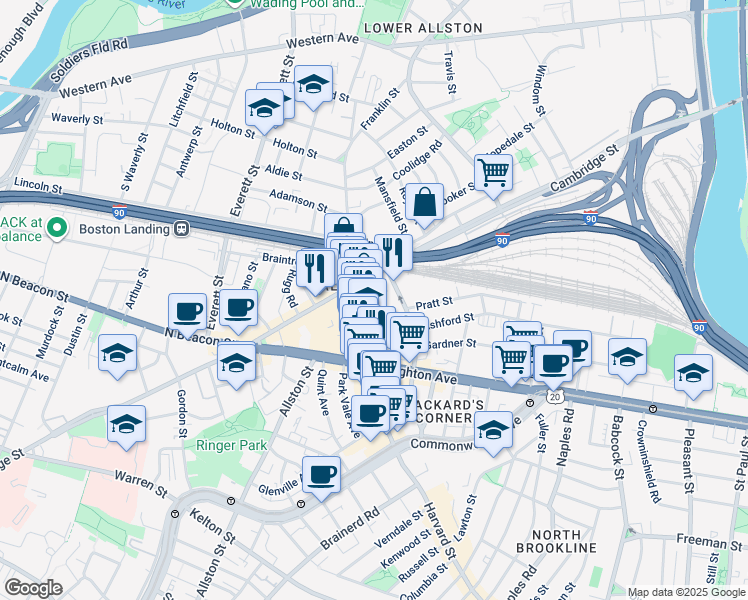 map of restaurants, bars, coffee shops, grocery stores, and more near 16 Highgate Street in Boston