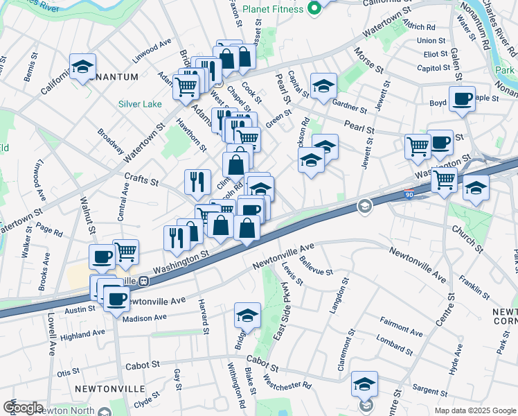 map of restaurants, bars, coffee shops, grocery stores, and more near 575 Washington Street in Newton
