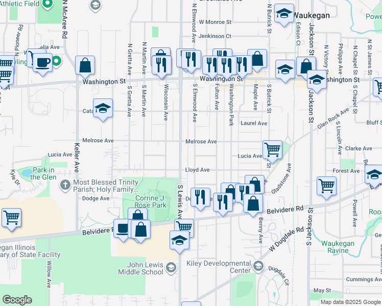 map of restaurants, bars, coffee shops, grocery stores, and more near 216 South Elmwood Avenue in Waukegan
