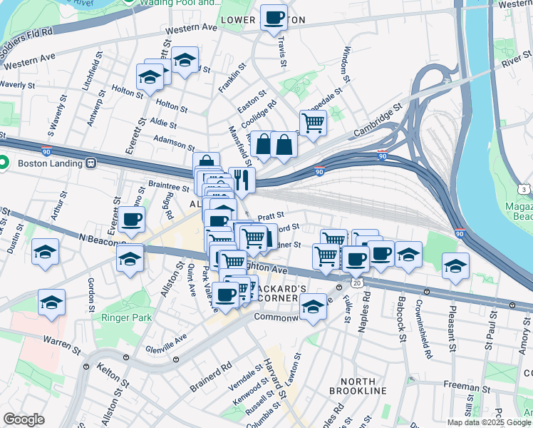 map of restaurants, bars, coffee shops, grocery stores, and more near 22 Pratt Street in Boston