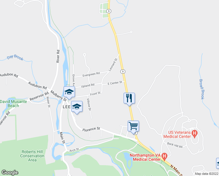 map of restaurants, bars, coffee shops, grocery stores, and more near 23 East Center Street in Northampton