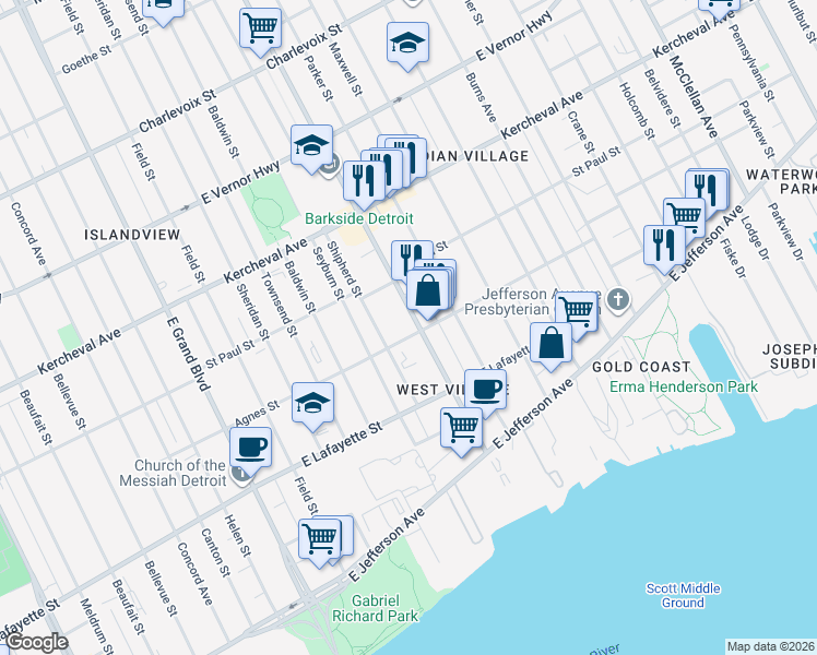 map of restaurants, bars, coffee shops, grocery stores, and more near 1449 Van Dyke Street in Detroit