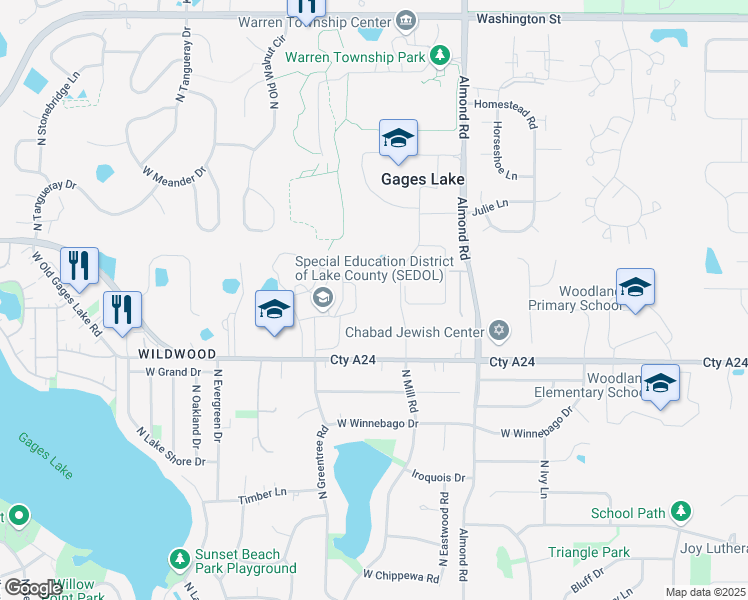 map of restaurants, bars, coffee shops, grocery stores, and more near 17934 West Gages Lake Road in Grayslake