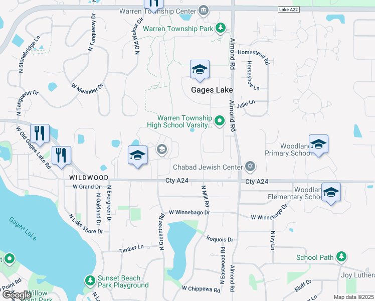 map of restaurants, bars, coffee shops, grocery stores, and more near 17934 West Gages Lake Road in Grayslake