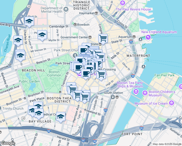 map of restaurants, bars, coffee shops, grocery stores, and more near 10 Summer Street in Boston
