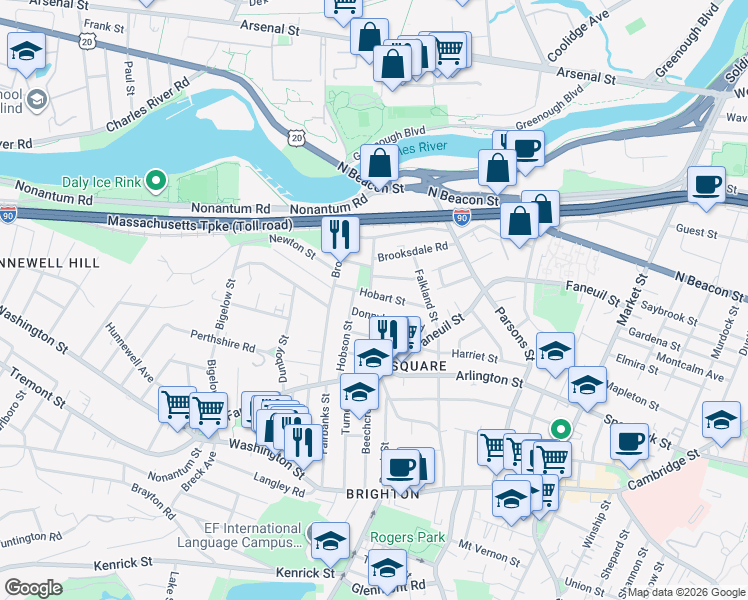 map of restaurants, bars, coffee shops, grocery stores, and more near 89 Hobart Street in Boston