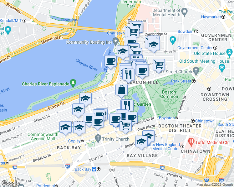 map of restaurants, bars, coffee shops, grocery stores, and more near in Boston