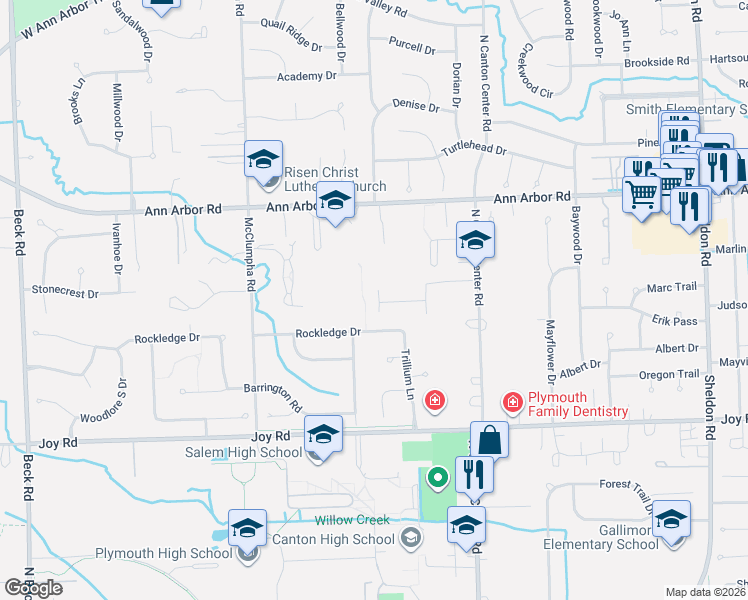 map of restaurants, bars, coffee shops, grocery stores, and more near 45872 Rockledge Drive in Plymouth