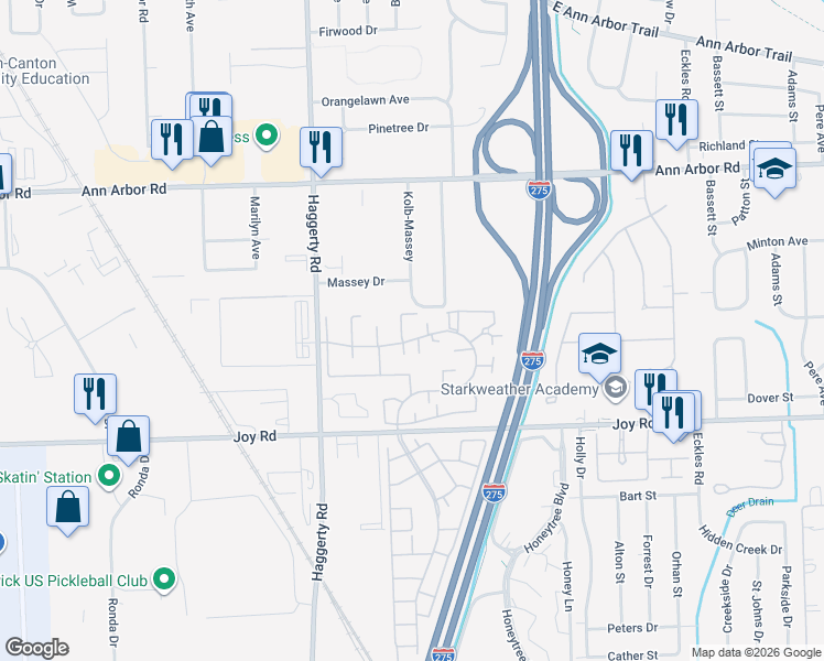 map of restaurants, bars, coffee shops, grocery stores, and more near 40594 Newport Dr. in Plymouth