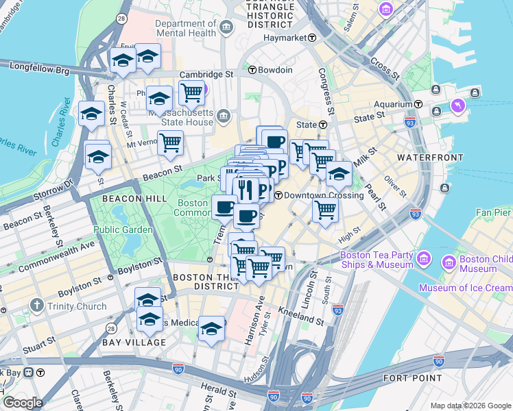 map of restaurants, bars, coffee shops, grocery stores, and more near 48 Temple Place in Boston