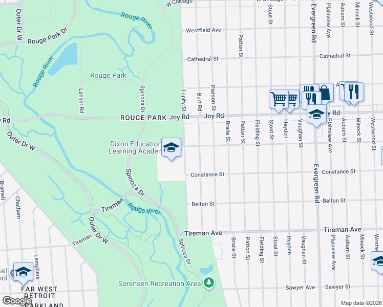 map of restaurants, bars, coffee shops, grocery stores, and more near 8506 Trinity Street in Detroit