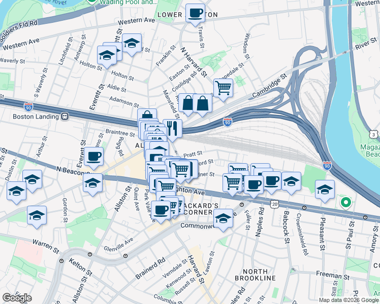 map of restaurants, bars, coffee shops, grocery stores, and more near 22 Pratt Street in Boston