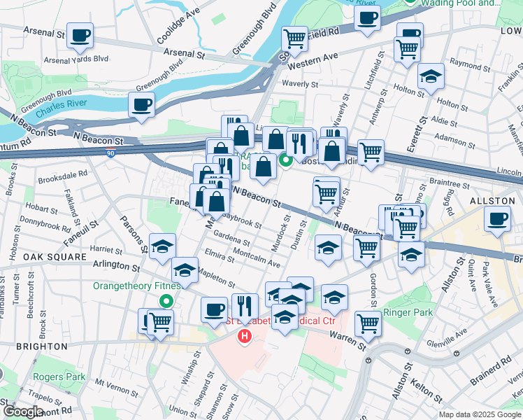 map of restaurants, bars, coffee shops, grocery stores, and more near 160 North Beacon Street in Boston