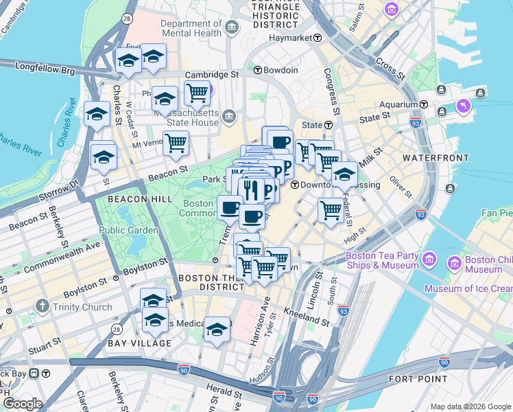 map of restaurants, bars, coffee shops, grocery stores, and more near 37 Temple Place in Boston