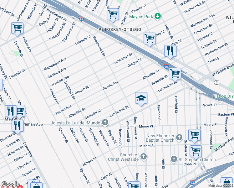 map of restaurants, bars, coffee shops, grocery stores, and more near 5039 Allendale Street in Detroit