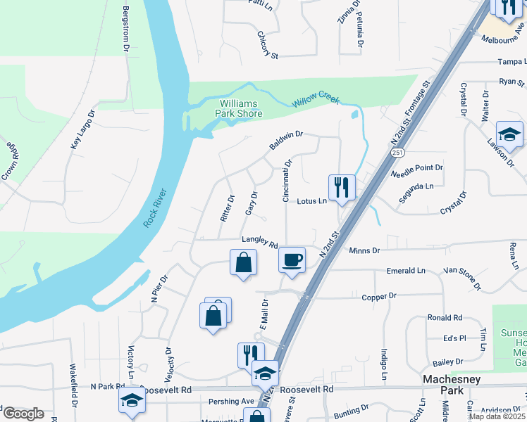 map of restaurants, bars, coffee shops, grocery stores, and more near 9520 Gary Drive in Machesney Park