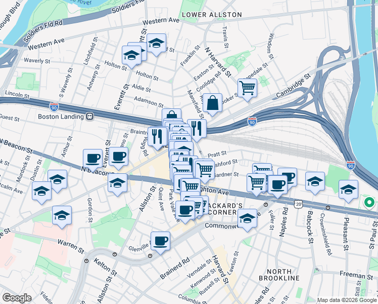 map of restaurants, bars, coffee shops, grocery stores, and more near 19 Highgate Street in ALLSTON