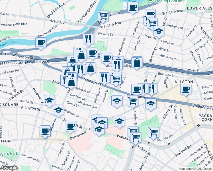 map of restaurants, bars, coffee shops, grocery stores, and more near 155-157 Murdock Street in Boston