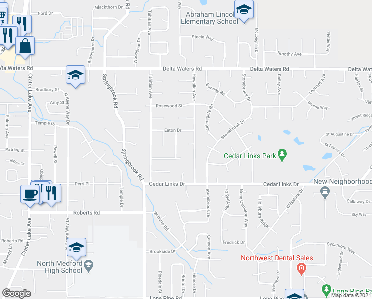 map of restaurants, bars, coffee shops, grocery stores, and more near 2661 Upper Drive in Medford
