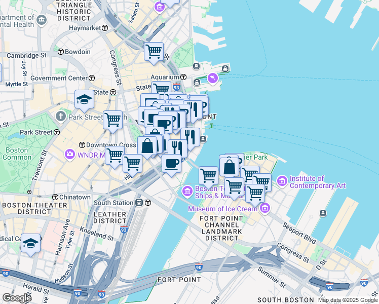 map of restaurants, bars, coffee shops, grocery stores, and more near 406 Atlantic Avenue in Boston