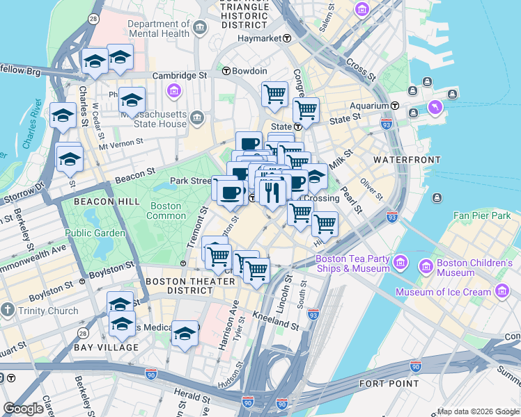 map of restaurants, bars, coffee shops, grocery stores, and more near in Boston