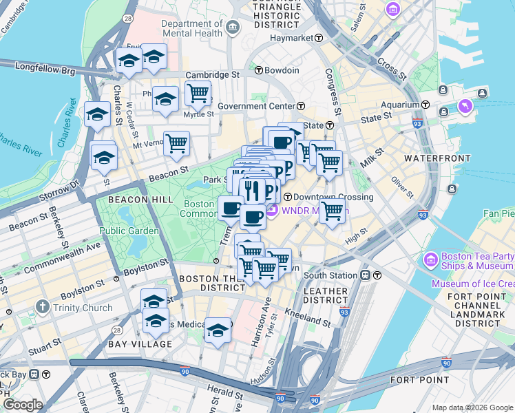 map of restaurants, bars, coffee shops, grocery stores, and more near in Boston