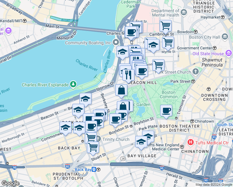 map of restaurants, bars, coffee shops, grocery stores, and more near in Boston