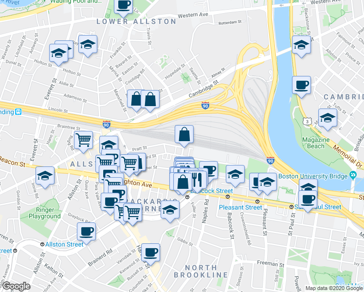 map of restaurants, bars, coffee shops, grocery stores, and more near 22 Wadsworth Street in Boston