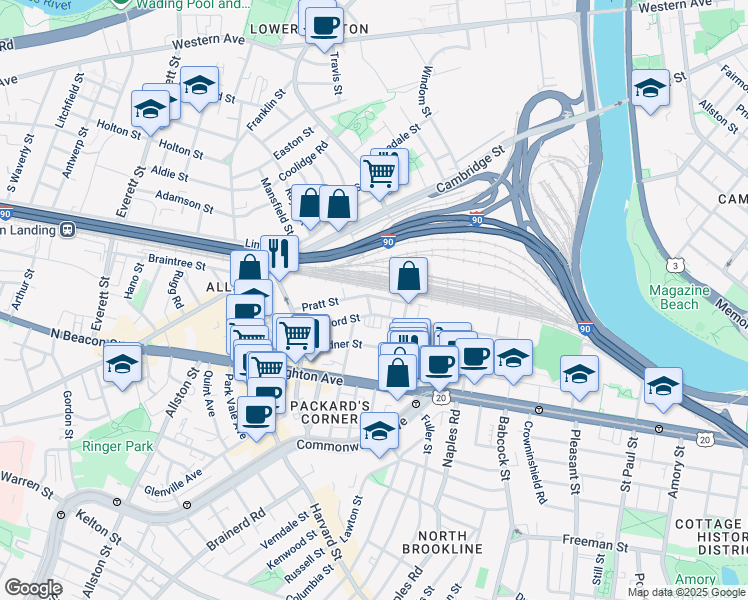 map of restaurants, bars, coffee shops, grocery stores, and more near 4 Wadsworth Street in Boston