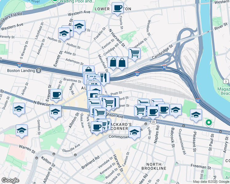 map of restaurants, bars, coffee shops, grocery stores, and more near 22 Pratt Street in Boston